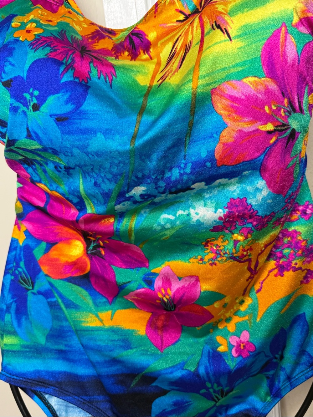 Longitude Vibrant Blue Pink Yellow Floral One-Piece Swimsuit beach scene - Picture 3 of 7